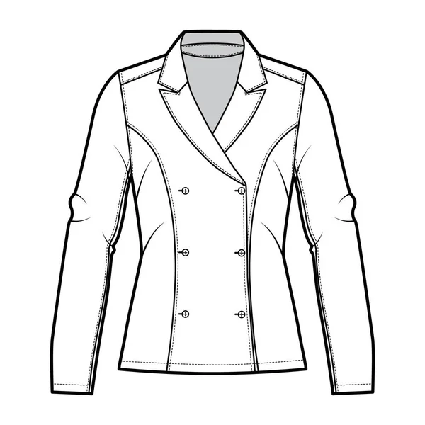 Blazer teknisk mode illustration med hack lapel, monterad silhuett, dubbelknäppt öppning, långa ärmar. — Stock vektor