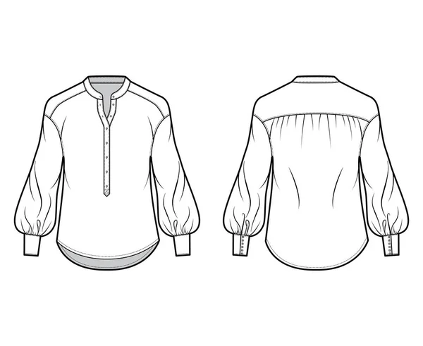 Reunido blusa técnica moda ilustração com colarinho mandarin curvo, henley pescoço, mangas bispo longo com manguito . — Vetor de Stock