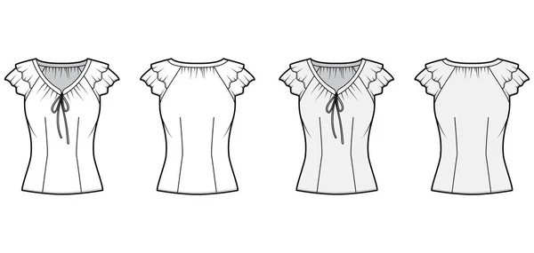 Μπλούζα τεχνική απεικόνιση μόδας με γραβάτες στο V ντεκολτέ, fluttery βολάν κοντά μανίκια, εξοπλισμένο σώμα. — Διανυσματικό Αρχείο