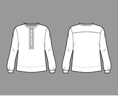 Büyük bedenli tişört teknik tasviri, ön tarafa gizlenmiş düğmeler, hassas fırfırlar.