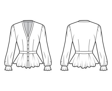 Peplum bluzu, V yakalı, beysbol yakalı, romantik kollu, kıvrımlı, kıvrımlı....