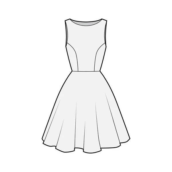 Ilustración de moda técnica de vestir con cuerpo ajustado, cuello de barco, sin mangas, plenitud semicircular, longitud de rodilla . — Vector de stock