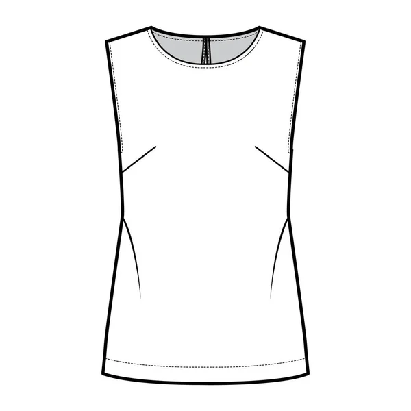 Sleeveless top technical fashion illustration with oversized body, round neck, button-fastening keyhole at back — Stock Vector