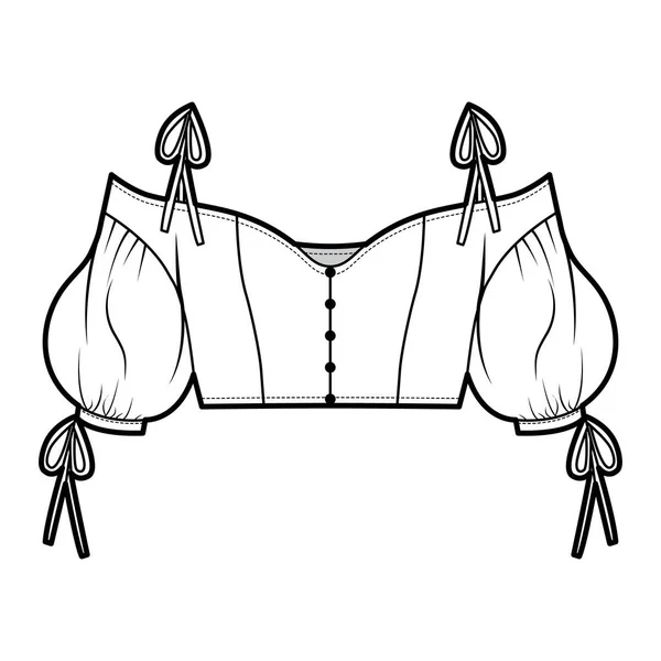 Леди обрезанные холодное плечо верхней технической моды иллюстрации с объемными рукавами, завязывание ремней. — стоковый вектор