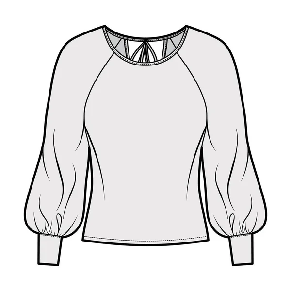 Bluse technische Mode Illustration mit breitem Rundhalsausschnitt, übertriebene Ballon Raglanärmel. Ärmel, Krawatten am Rücken — Stockvektor