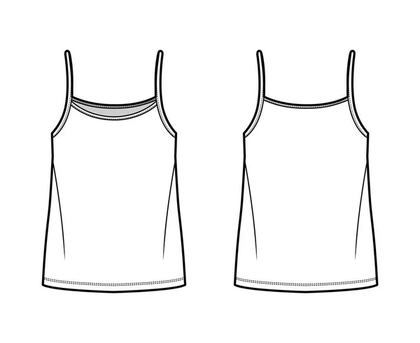 Ilustración de moda técnica superior Camisole con cuerpo de gran tamaño, cuello de cuchara de correa unida . — Vector de stock