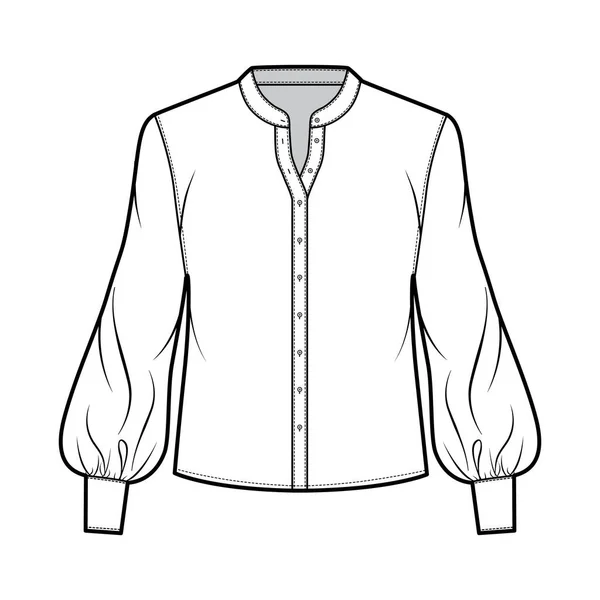 Блузка технічна модна ілюстрація з вигнутим мандариновим коміром, довгими єпископськими рукавами з манжетою, негабаритним тілом . — стоковий вектор