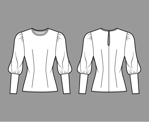 Blouse technische mode illustratie met ronde hals, gezwollen schapenvacht mouwen, gemonteerd lichaam, ritssluiting aan de zijkant. — Stockvector