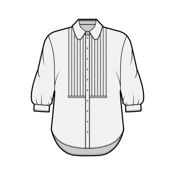 Shirt technical fashion illustration with bib, button down front opening, round collar, elbow sleeves, oversized — Stock Vector