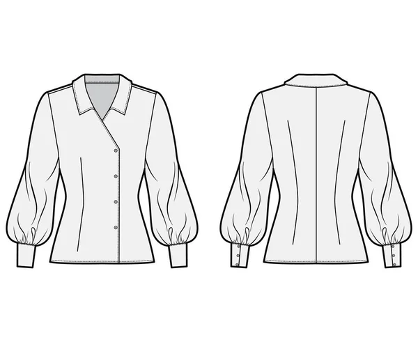 Blusa técnica de moda ilustración con cuello regular, manga larga del obispo, cuerpo ajustado, doble pecho . — Vector de stock