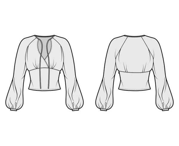 Chemisier illustration de mode technique avec manches longues évêque, cravates surplis encolure devant, corps ajusté. — Image vectorielle