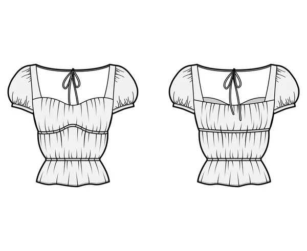 Shirt technische mode illustratie met oversized body, verborgen knoopsluiting langs de voorkant, delicate ruches — Stockvector