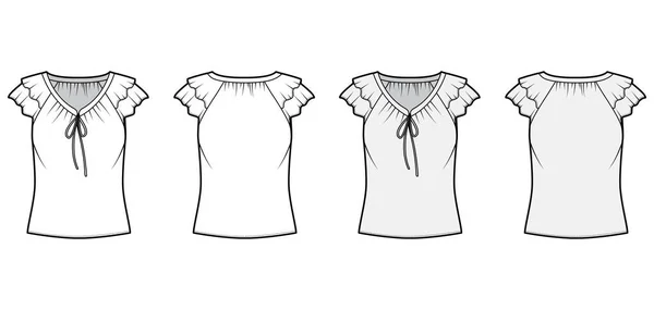 Blusa técnica moda ilustração com laços no decote V, babados fluttery mangas curtas, corpo montado solto . —  Vetores de Stock