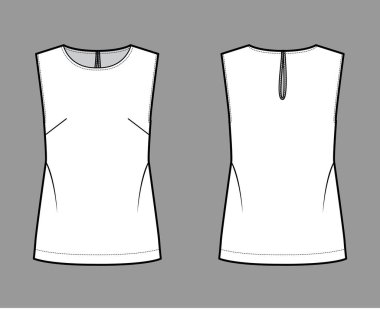 Kolsuz, büyük beden, yuvarlak boyun, arkadan düğme takan anahtar deliği olan teknik tasvirler.