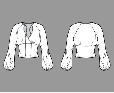 Bluz, uzun fil kollu moda illüstrasyonları, öndeki kolsuz yaka kravatlar, üzerine oturan vücut..