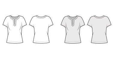 Yakası kırık, silueti gevşek, geniş kısa kollu bluz teknikleri var.. 