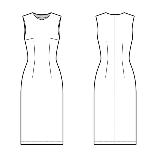 Сукня-оболонка технічна модна ілюстрація з встановленим тілом, овальна шия, без рукавів, повнота олівця, довжина коліна . — стоковий вектор