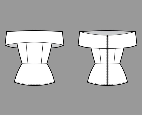 Ilustración técnica superior de la manera del dobladillo del peplum fuera del hombro con el cuerpo ajustado, cierre de cremallera en la parte posterior . — Vector de stock