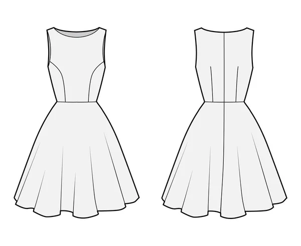 Kleid technische Mode Illustration mit tailliertem Körper, Bootsausschnitt, ärmellos, halbrunde Fülle, Knielänge. — Stockvektor