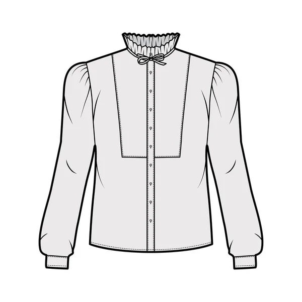 Bow-detalhada blusa técnica moda ilustração com gola de babados, mangas compridas com manguito, painel frontal . —  Vetores de Stock