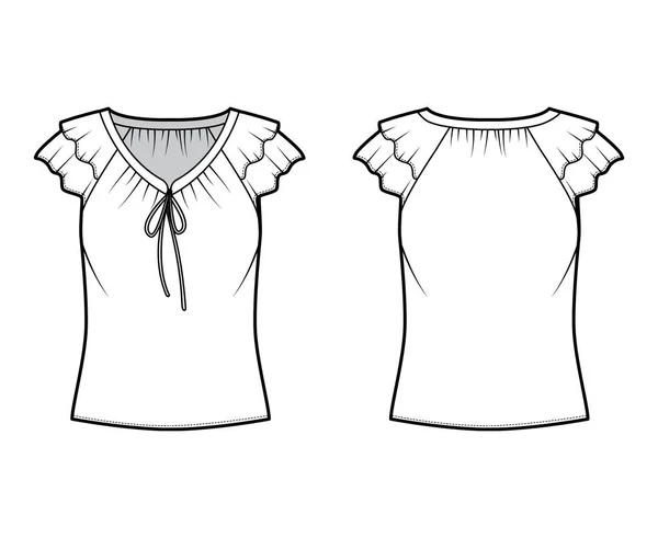 Blusa técnica de moda ilustración con lazos en el escote en V, volantes de aleteo mangas cortas, cuerpo suelto ajustado . — Archivo Imágenes Vectoriales