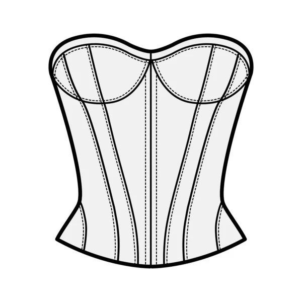 Corset-stijl top technische mode illustratie met gemonteerde body, scoop strapless halslijn, veterrug. — Stockvector