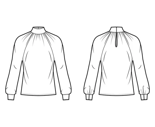 Blusa de cuello de corte alto ilustración técnica de moda con mangas largas con manguito, cierre de botón en la parte posterior — Vector de stock