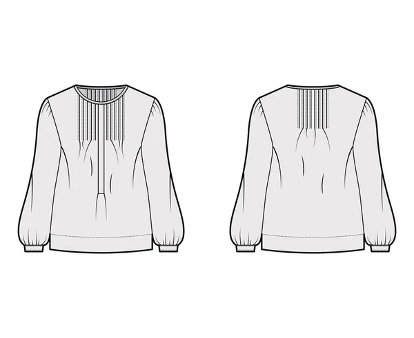 Ilustración de moda técnica superior Pintucked con cuerpo de gran tamaño, cuello de henley con bandas, mangas largas . — Vector de stock