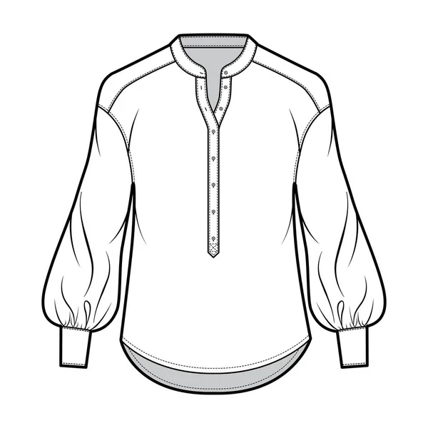 Gesammelte Bluse technische Mode Illustration mit gebogenem Mandarinenkragen, Henley Hals, lange Bischofsärmel mit Manschette. — Stockvektor