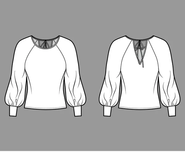 Блузка техническая мода иллюстрация с широкой круглой шеей, преувеличенные воздушные рукава реглан. рукава, галстуки сзади — стоковый вектор