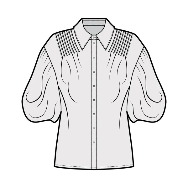 Camisa técnica de moda ilustración con mangas de soplo de codo, cuerpo de gran tamaño, pintucks, sujeciones de botón delantero . — Vector de stock