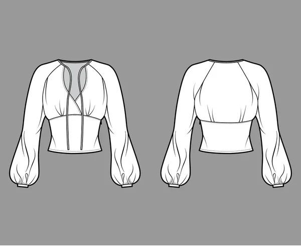 Blusa técnica ilustración de moda con mangas largas de obispo, corbatas de cuello de sobrepelliz en la parte delantera, cuerpo ajustado . — Vector de stock