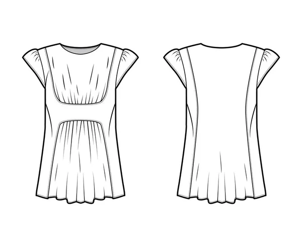 Ilustración técnica de la moda de la blusa con el cuerpo de gran tamaño, frente y espalda reunidos, efecto plisado, manga corta, gorra — Vector de stock