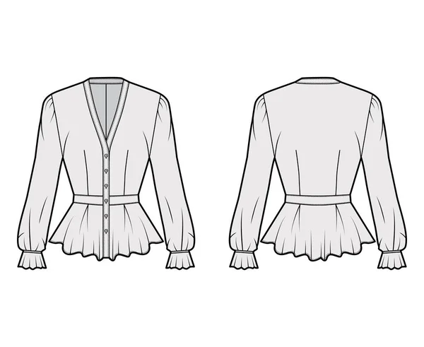 Peplum blouse technische mode illustratie met, V-hals, honkbalkraag, romantische mouwen, geplooide zoom, pasvorm. — Stockvector