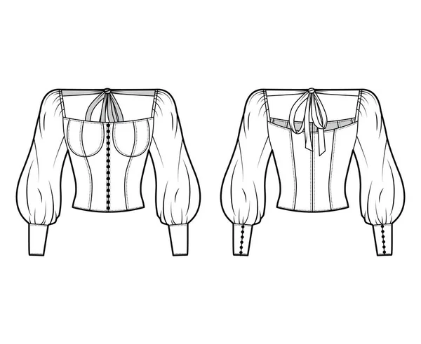 Blusa victoriana adornada con botones ilustración técnica de moda con cuerpo estilo corsé, mangas onduladas — Vector de stock