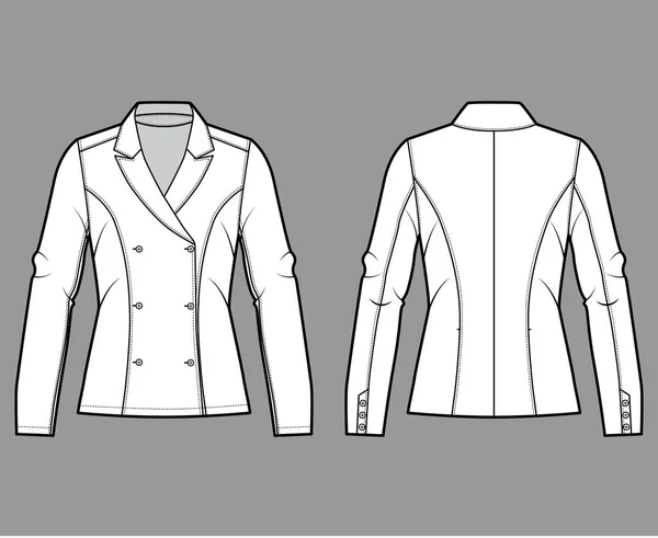 Blazer technická módní ilustrace s vroubkovanou klopou, zasazená silueta, dvojité prsní otvírání, dlouhé rukávy. — Stockový vektor