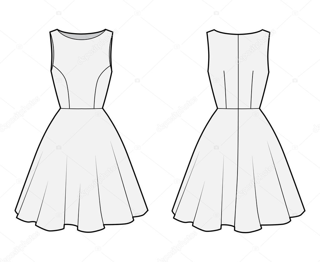 Dress technical fashion illustration with fitted body, boat neck, sleeveless, semi-circular fullness, knee length.