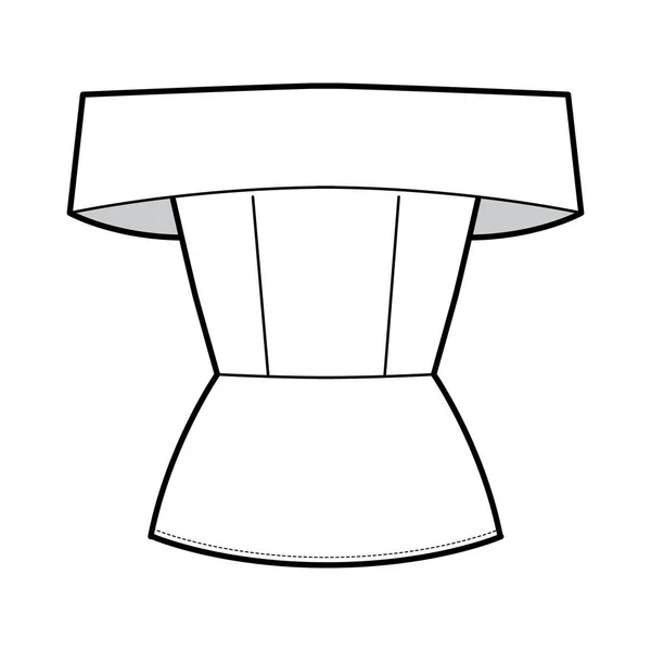 Hors-la-épaule peplum ourlet top illustration de mode technique avec corps ajusté, fermeture zip à l'arrière. — Image vectorielle