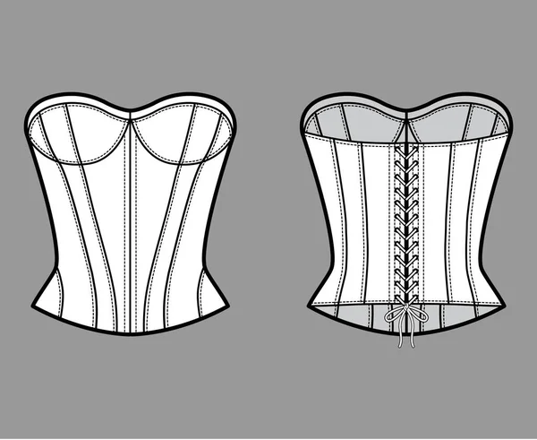 Corset-style κορυφαία τεχνική απεικόνιση μόδας με εντοιχισμένο σώμα, σέσουλα στράπλες λαιμόκοψη, δένοντας πίσω. — Διανυσματικό Αρχείο