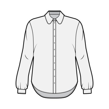 Klasik gömlek teknik tasviri. Önü düğmeli, yakalı, uzun kollu, büyük bedenli.