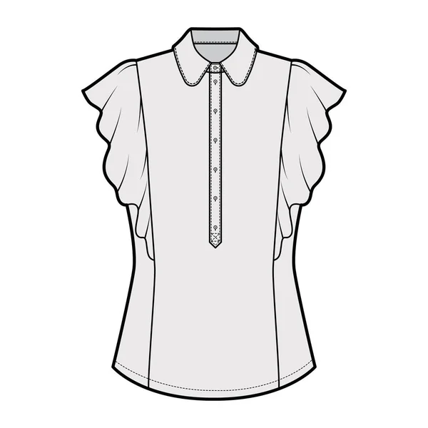 Shirt technical fashion illustration with fitted body, round collar, front button henley, ruffled sleeves. — Stock Vector