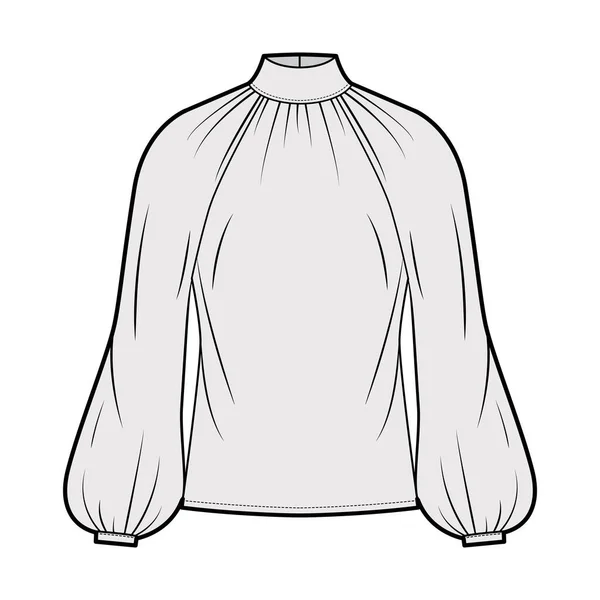 High-cut hals blouse technische mode illustratie met lange loper mouwen losse pasvorm, knoop-sluiting sleutelgat aan de achterkant — Stockvector