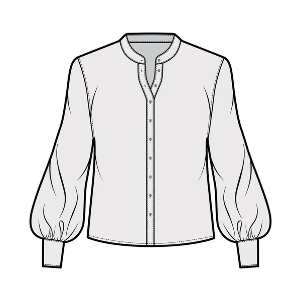 Bluse technische Mode Illustration mit gebogenem Mandarinenkragen, lange Bischofsärmel mit Manschette, übergroßer Körper. — Stockvektor