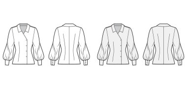 Bluz, normal yakalı, uzun kollu, uygun vücutlu, çift göğüslü teknik tasvirler..