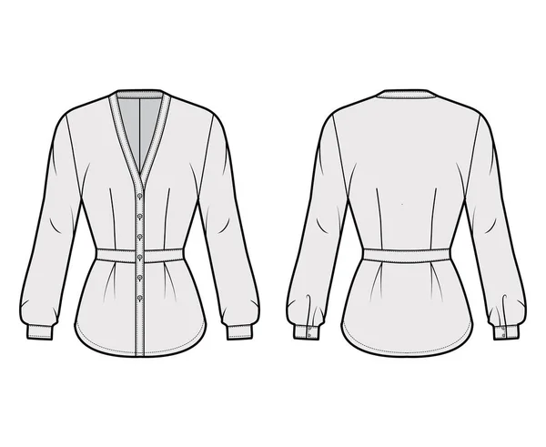 Blusa técnica moda ilustración con, cuello de béisbol con escote en V, mangas largas, ajustado, sujeciones de botón delantero — Vector de stock