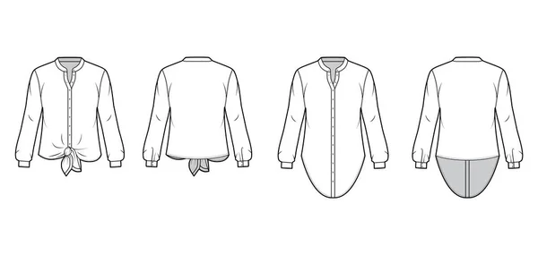 Camisa técnica de moda ilustración con cuello de pie de mandarina curvada, mangas largas, dobladillo de corbata . — Archivo Imágenes Vectoriales