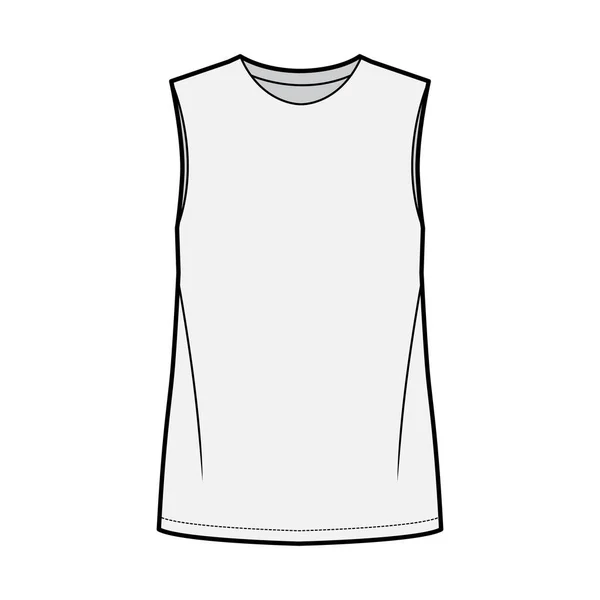 Basic Bluse technische Mode Illustration mit übergroßen Körper, Rundhalsausschnitt, ärmellos, Tunika Länge — Stockvektor