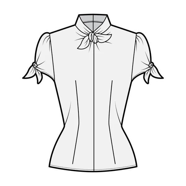 Nó recorte blusa técnica moda ilustração com decote alto, mangas de volume inchado, volta zip fixação — Vetor de Stock