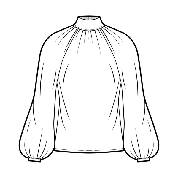 Blusa de pescoço de corte alto ilustração de moda técnica com mangas de bispo compridas ajuste solto, fechadura de fixação de botão na parte de trás —  Vetores de Stock