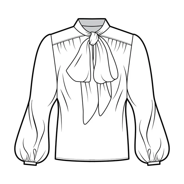 Pussy-bow blouse technical fashion illustration with oversized body, loose fit, long bishop sleeves. — ストックベクタ